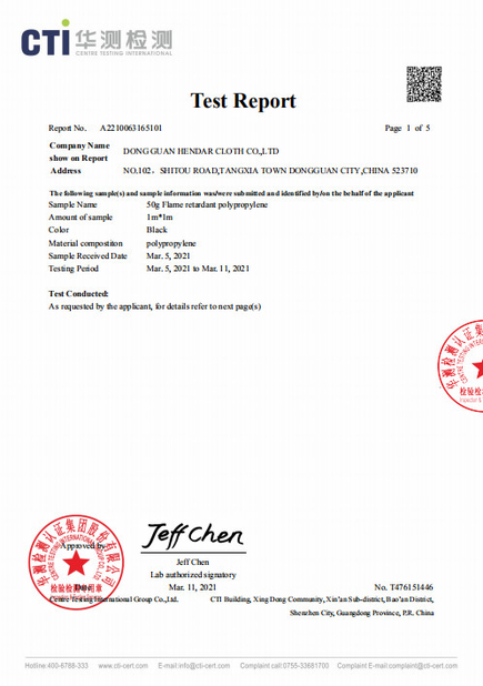 Chine Dong Guan Hendar Cloth Co., Ltd certifications